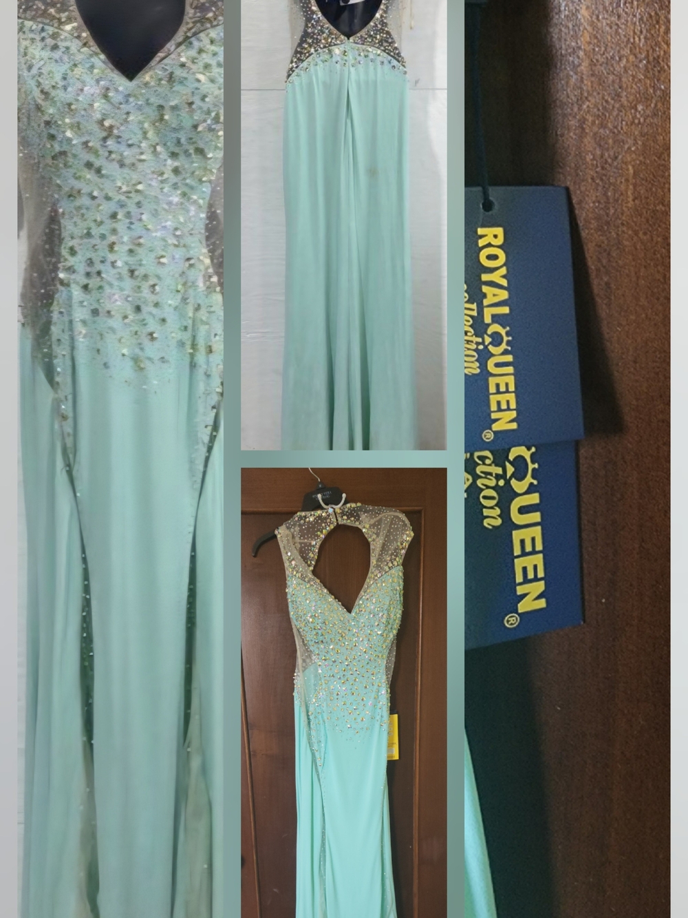 Royal Queen Mint Green Jeweled Prom Gown with Illusion Neckline